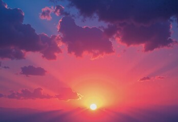 Radiant hues of pink and purple paint the sky as the sun sets behind the horizon, casting dramatic rays through the clouds