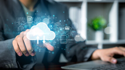 Cloud computing concept, Man touching connect to data information on the Cloud Computing Technology. hand holding cloud icon, Backup Storage Data Internet, networking and digital, technology concept.