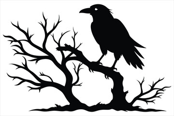 Raven bird silhouette on a dead tree branch