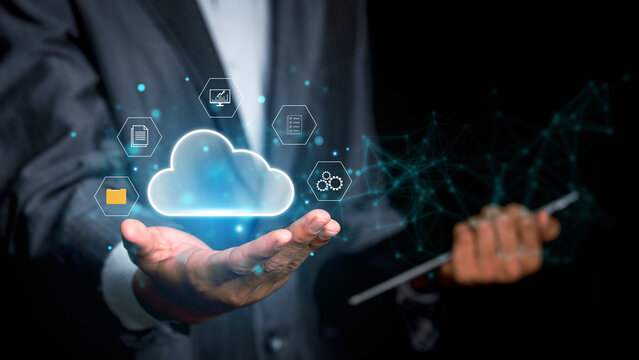 Cloud computing concept, Man touching connect to data information on the Cloud Computing Technology. hand holding cloud icon, Backup Storage Data Internet, networking and digital, technology concept.