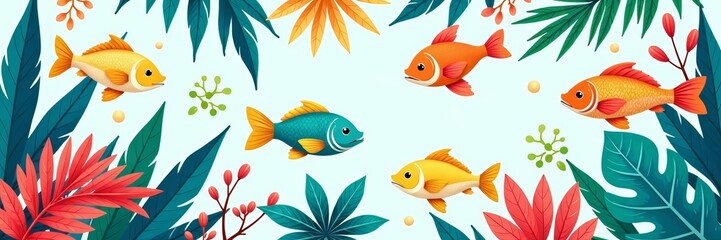 Naklejka premium Tropical seamless design featuring whimsical fish and aquatic plants in a bright and cheerful color palette, lively, background, unique pattern