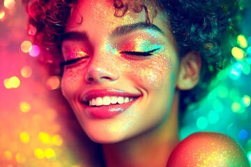 Obraz premium Commercial promotion visual idea. Short hairdo - highlighted hair. Attractive happy mixed-race girl - for ads, marketing material and digital networks use. African american ad trend.