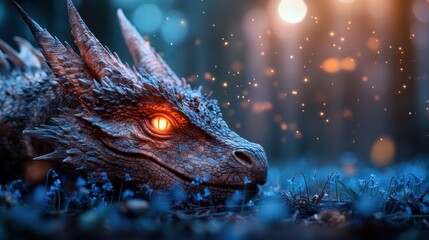 Obraz premium An awe-inspiring dragon rests amidst blue flowers in a mystical forest, showcasing its fierce beauty and captivating gaze that draws one into a world of fantasy.