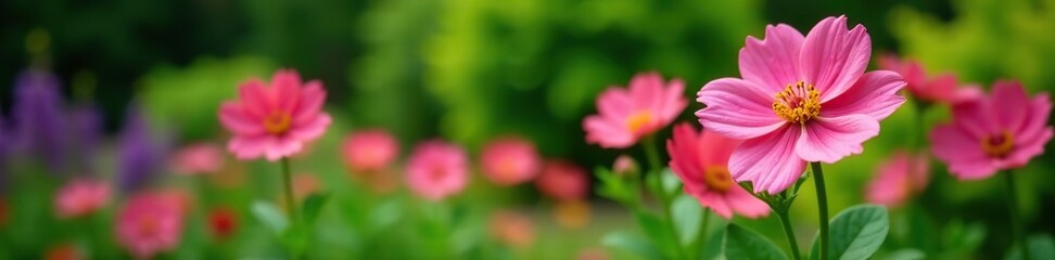 Vivid pink impatient flowers standing out in a garden with green foliage background,  vivid,  greenery
