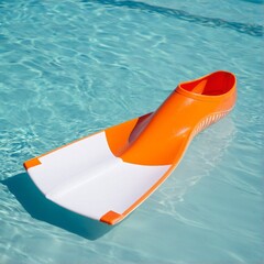 Vibrant orange and white swim fin resting on the surface of a clear, turquoise blue swimming pool on a sunny day.