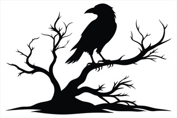 Raven bird silhouette on a dead tree branch
