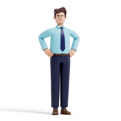 Confident man with hands on hips, symbolizing professionalism and self-assurance. 3D rendering, conceptual image. Isolated on white background.