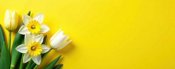 White and yellow spring flowers including daffodils, tulips, and daisies on a bright yellow background,  flowers,  white