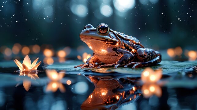 A captivating frog sits gracefully on a lily pad, surrounded by soft glowing lights, evoking a sense of wonder and tranquility in a dreamy aquatic environment.
