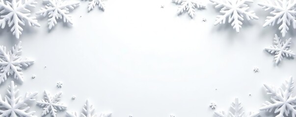 White background adorned with intricate snowflakes framing the edges, empty space in the middle,  elegant,  template