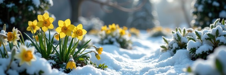 Obraz premium Winter Aconites blooming amongst freshly fallen snow in a picturesque English garden, icy, nature