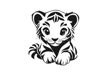 Cute baby tiger cub illustration, white background, design element.