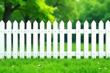Fototapeta premium White picket fence background with green grass at the bottom, picket, serene