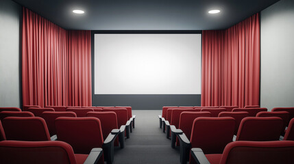 Empty red seat movie theater with large screen and curtains