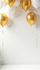 White background with gold and white balloons hanging from ceiling, creating festive atmosphere,  celebration,  decorations