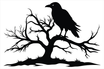 Raven bird silhouette on a dead tree branch
