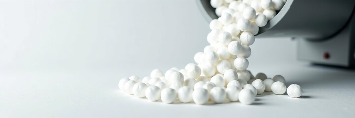 White polystyrene foam beads falling from Styrofoam machine onto plastic background for packaging and decoration,  plastic,  texture