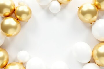 White background with gold and white balloons scattered, creating a festive atmosphere,  festive,  decorations