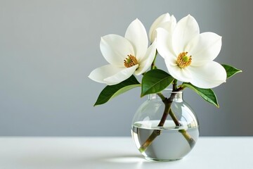 Watercolor painting of white magnolia flowers in glass vase filled with water,  botanical,  magnolia © pichai