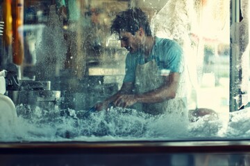 Fototapeta premium Young Man Washing Dishes in Restaurant with Water Splashing