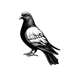 Fototapeta premium Monochrome pigeon illustration, isolated, white background, graphic design element