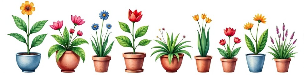 Watercolor potted plants with colorful flowers on white background,  decorative,  painting