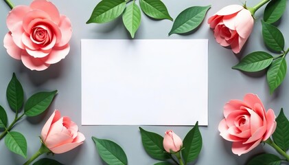 White blank card surrounded by paper flowers and green leaves on a grey background,  stylish,  decoration