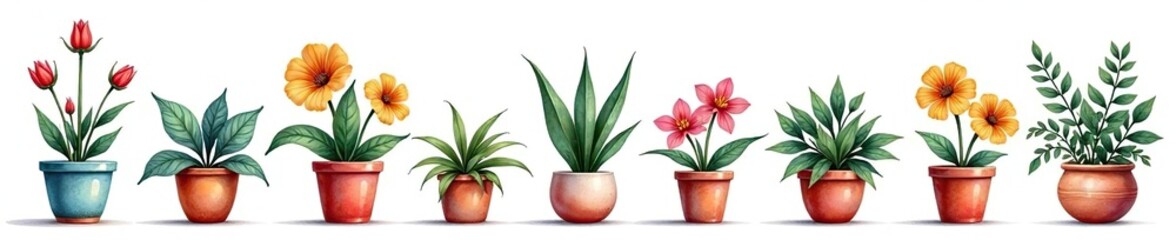 Watercolor potted plants with colorful flowers on white background,  illustration,  vibrant