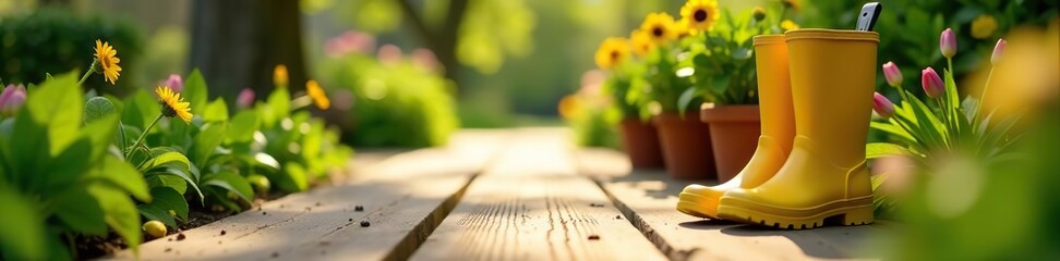 Yellow rubber boots, gardening tools, and flower pots line a wooden pathway in a sunlit spring garden,  equipment,  gardening tools