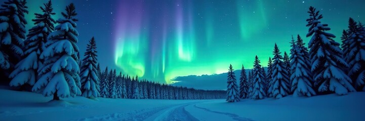 Winter forest illuminated by the aurora borealis with a starry sky above, creating a magical night landscape,  travel,  polar lights