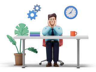 Man seated at desk, deep in thought, symbolizing work, planning, or problem-solving. 3D rendering, conceptual image. Isolated on white background.
