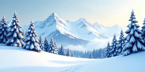 Watercolor winter landscapes with snowy trees and mountains,  snow,  nature