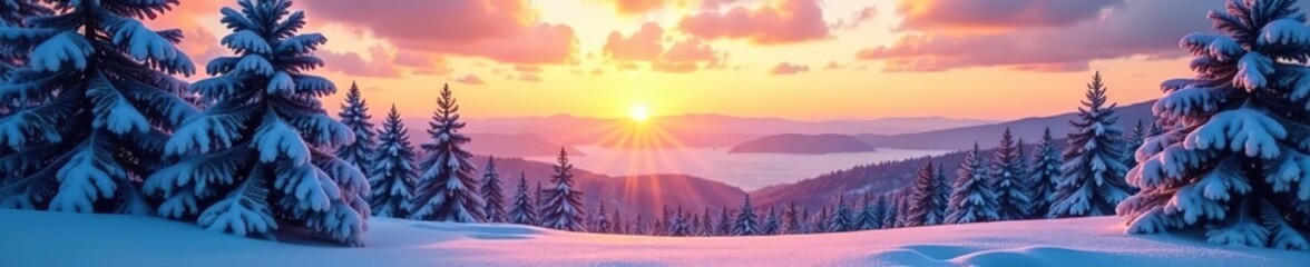 Winter landscape wallpaper with pine forest covered with snow, scenic sky at sunset, snowy fir tree, beauty nature scenery, Christmas, New Year, greeting card background,  fir tree,  landscape