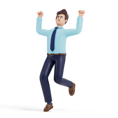 Man jumping with joy, symbolizing success, happiness, or achievement. 3D rendering, conceptual image. Isolated on white background.