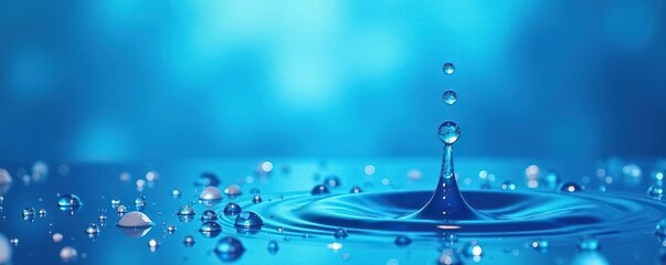 Water droplets glisten against a vibrant blue background, capturing the essence of purity and tranquility,  detail,  clean