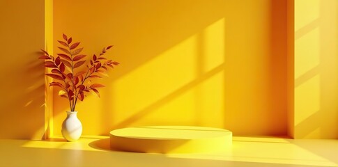 Yellow studio room with autumn-inspired decor, abstract shadows on walls and floors, minimal cosmetic presentation podium on yellow-orange cement backdrop stage,  studio, Summer