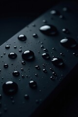Water droplets glistening on a sleek black background,  darkness,  abstract