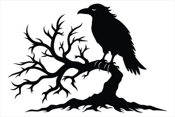 Raven bird silhouette on a dead tree branch