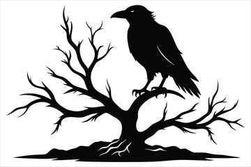 Raven bird silhouette on a dead tree branch