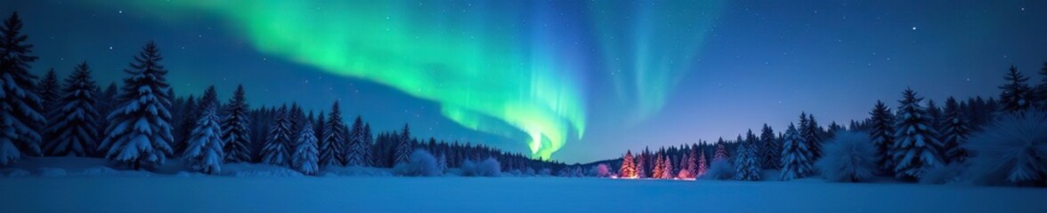 Winter landscape with vibrant Aurora borealis lights dancing over a snowy forest at night, Aurora borealis,  pine trees
