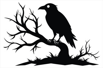 Raven bird silhouette on a dead tree branch