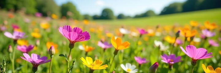 Vivid wildflowers blooming in a colorful meadow on a sunny day in the countryside,  meadow,  countryside