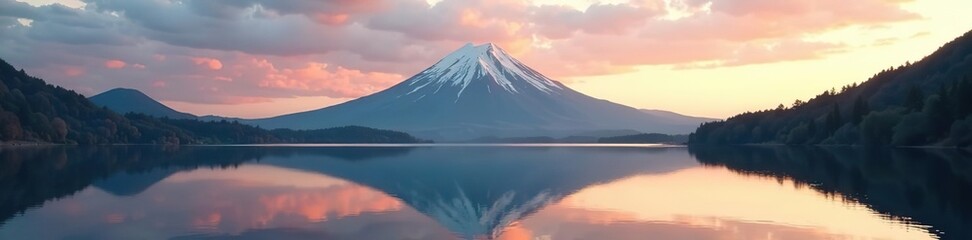 Volcanic mountain casting morning light reflections on calm lake surface,  adventure,  majestic