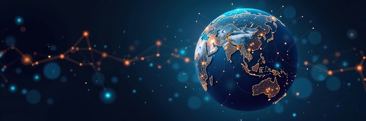 World globe network with interconnected lines and dots representing global communication and data transfer,  innovation,  interconnected