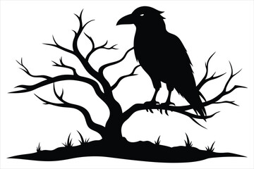 Raven bird silhouette on a dead tree branch