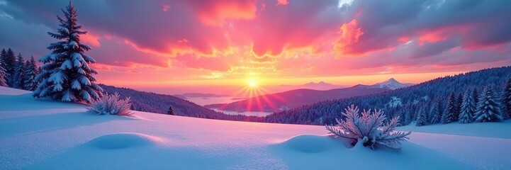 Winter sunrise over a snow-covered landscape with vibrant colors in the sky,  trees,  nature