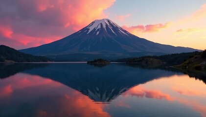Volcanic mountain reflecting in calm lake at sunrise,  dawn,  nature