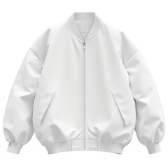 Front view of a white bomber jacket on a fashion apparel studio environment clean design