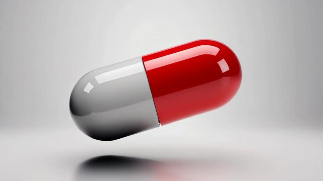 Close-up studio shot of single red and gray capsule pill isolated against a neutral background, pharmaceutical medicine object