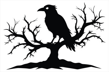 Raven bird silhouette on a dead tree branch